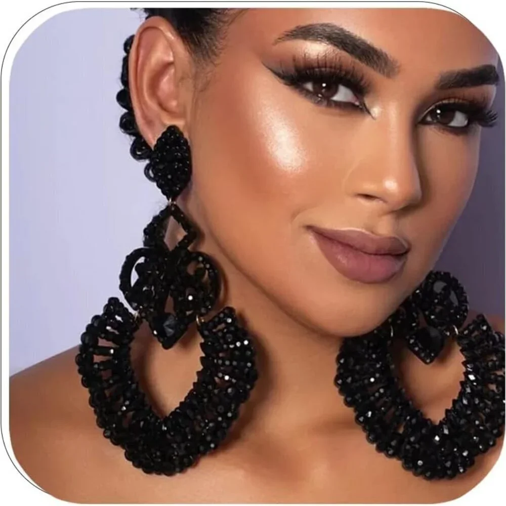 Black Rhinestone Earrings Copper Brass Drop Statement Jewelry for Women